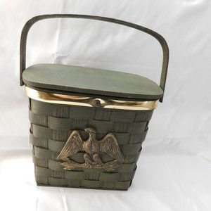 VINTAGE Woven Basket with Lid and Handle Patriotic Eagle Emblem